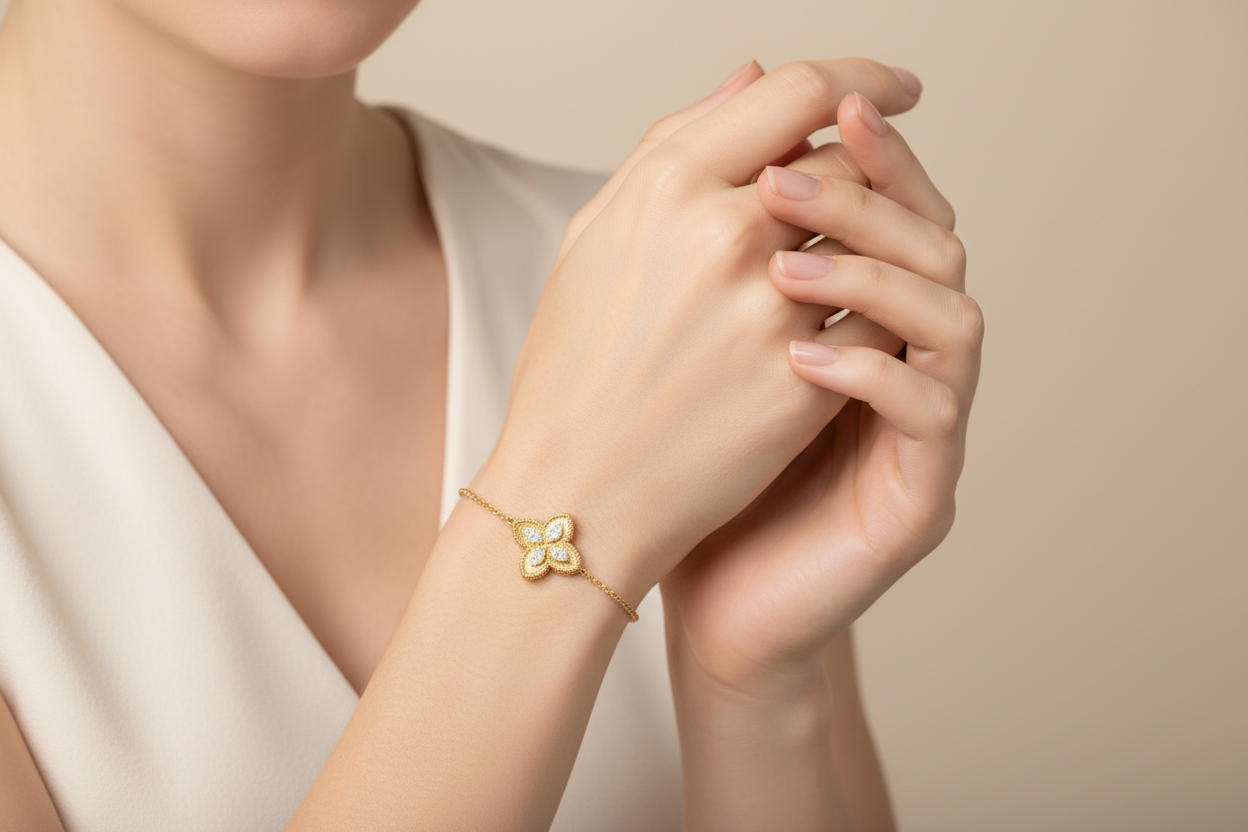 Bracelet Femme Trèfle Porte-Bonheur Argent 925 Plaqué Or avec Moissanite