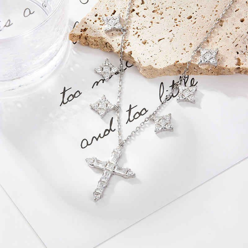 Collier clavicule en ARGENT 925 avec Pendentifs Croix et Zircons – Style européen et américain
