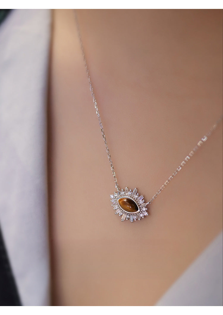 Women's Necklace in 925 Silver with Tiger's Eye & Zircons – Solar Elegance
