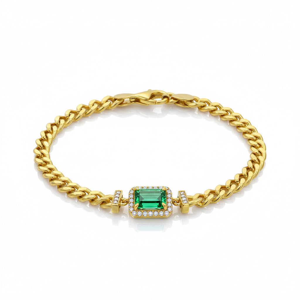 Bracelet Femme Gourmette Argent 925 Plaqué Or avec Émeraude Rectangulaire