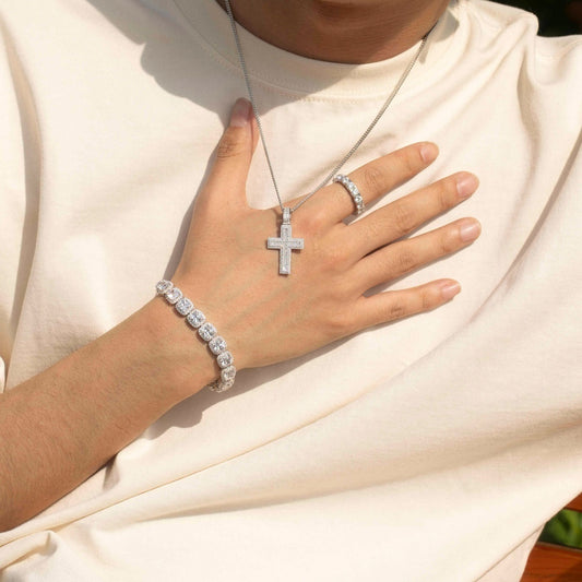 Collier Croix Mosaïque Carrée en ARGENT S925 – Élégance Brillante et Finition Luxe