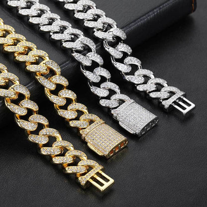 Bracelet à Double Rangée de Diamants 15 mm – Style Urbain et Maillons Cubains