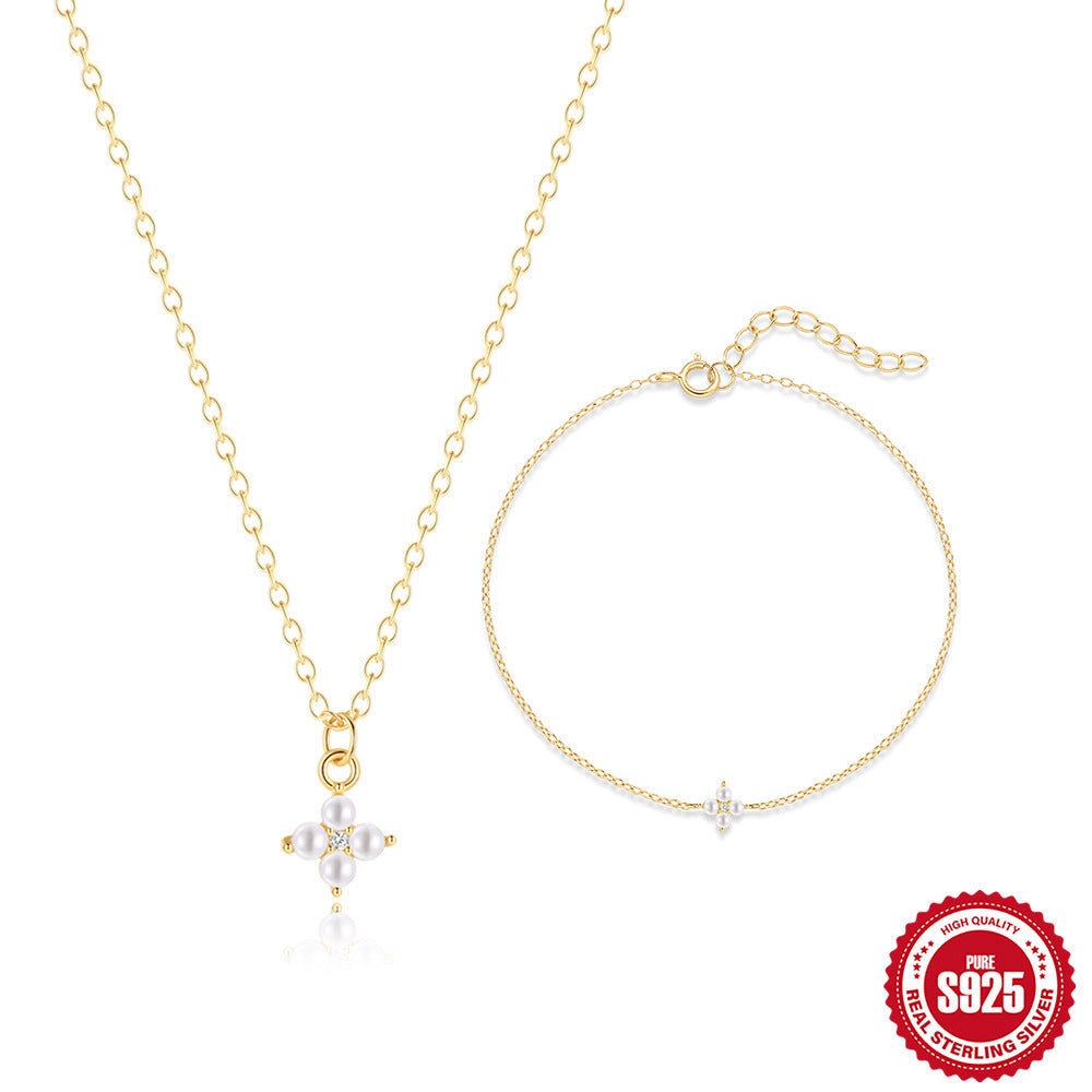 Chaîne & Bracelet Dorés en ARGENT S925 – Motifs Fleurs Élégants
